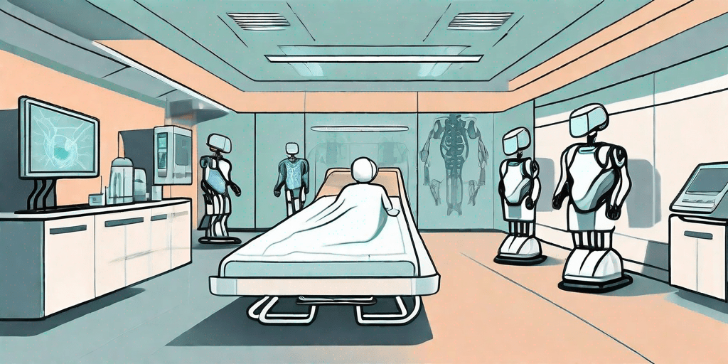 Una sala de hospital futurista con robots médicos avanzados que realizan diversas tareas sanitarias.