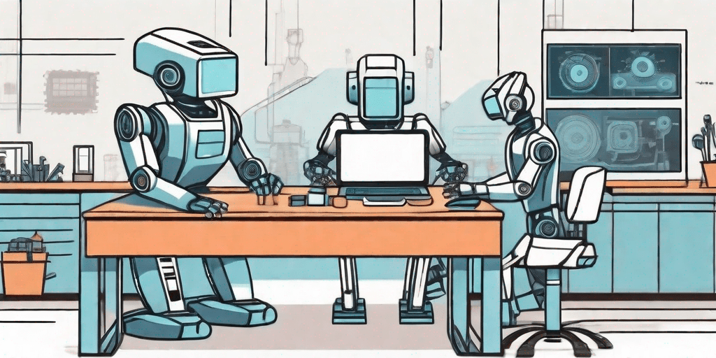 Un lugar de trabajo futurista con varios tipos de robots trabajando juntos.