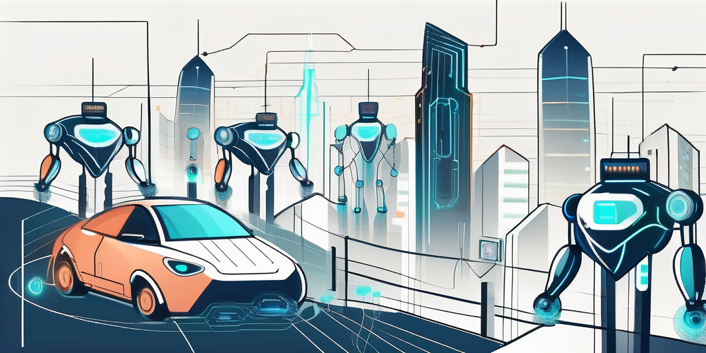 Un paesaggio urbano futuristico con vari robot ai e dispositivi iot